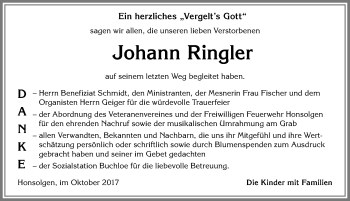 Traueranzeige von Johann Ringler von Allgäuer Zeitung, Kaufbeuren/Buchloe