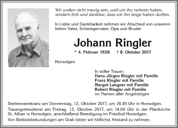 Traueranzeige von Johann Ringler von Allgäuer Zeitung, Kaufbeuren/Buchloe