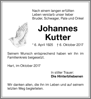 Traueranzeige von Johannes Kutter von Memminger Zeitung