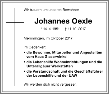 Traueranzeige von Johannes Oexle von Memminger Zeitung