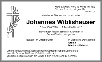 Traueranzeige von Johannes Wiblishauser von Memminger Zeitung