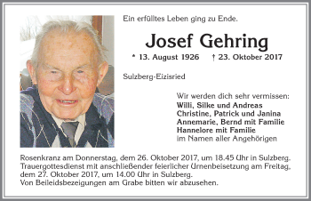 Traueranzeige von Josef Gehring von Allgäuer Zeitung,Kempten