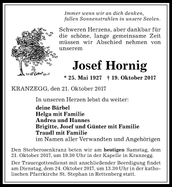 Traueranzeige von Josef Hornig von Allgäuer Anzeigeblatt