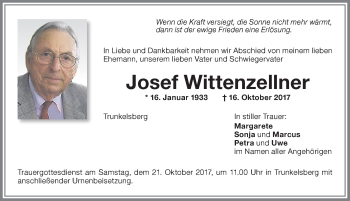 Traueranzeige von Josef Wittenzellner von Memminger Zeitung