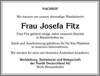 Traueranzeige von Josefa  Fitz von Allgäuer Zeitung