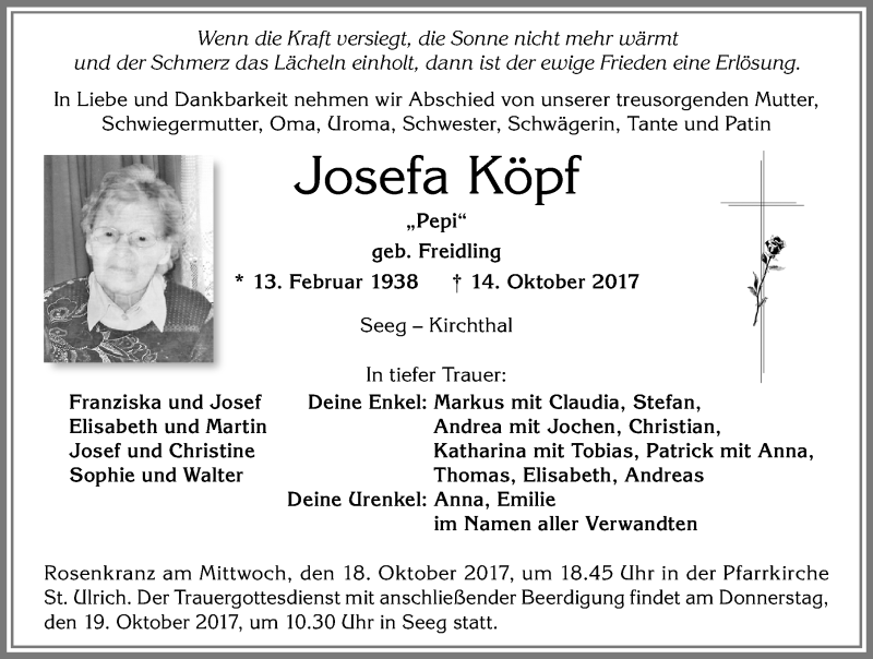  Traueranzeige für Josefa Köpf vom 17.10.2017 aus Allgäuer Zeitung
