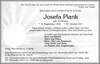 Traueranzeige von Josefa Plank von Allgäuer Zeitung, Füssen