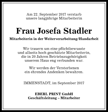 Traueranzeige von Josefa Stadler von Allgäuer Anzeigeblatt