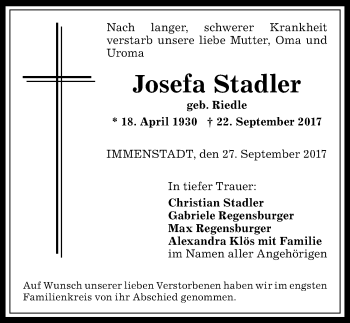 Traueranzeige von Josefa Stadler von Allgäuer Anzeigeblatt