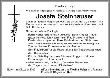 Traueranzeige von Josefa Steinhauser von Allgäuer Zeitung,Kempten