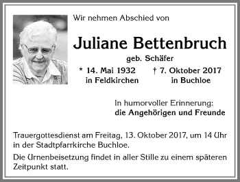 Traueranzeige von Juliane Bettenbruch von Allgäuer Zeitung, Kaufbeuren/Buchloe
