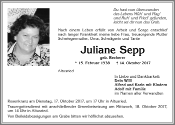 Traueranzeige von Juliane Sepp von Allgäuer Zeitung,Kempten