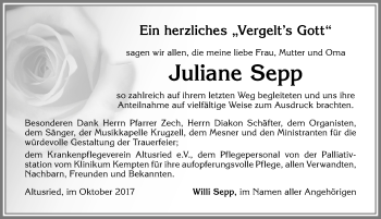 Traueranzeige von Juliane Sepp von Allgäuer Zeitung,Kempten