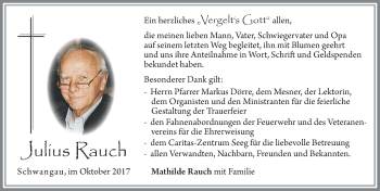 Traueranzeige von Julius Rauch von Allgäuer Zeitung, Füssen