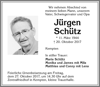 Traueranzeige von Jürgen Schütz von Allgäuer Zeitung,Kempten