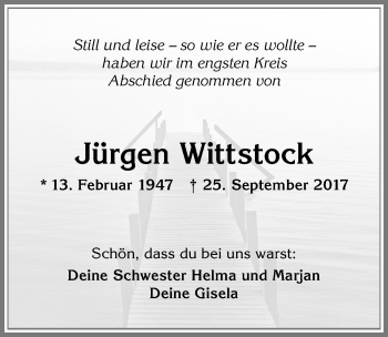 Traueranzeige von Jürgen Wittstock von Allgäuer Zeitung,Kempten