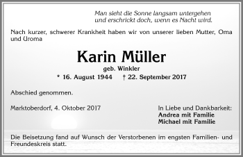 Traueranzeige von Karin Müller von Allgäuer Zeitung, Marktoberdorf