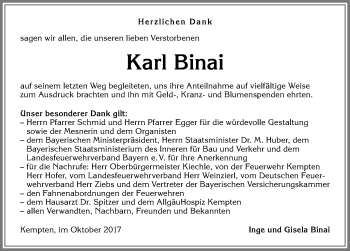 Traueranzeige von Karl Binai von Allgäuer Zeitung,Kempten