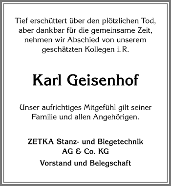Traueranzeige von Karl Geisenhof von Allgäuer Zeitung, Füssen