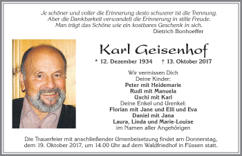 Traueranzeige von Karl Geisenhof von Allgäuer Zeitung, Füssen