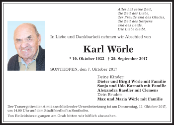 Traueranzeige von Karl Wörle von Allgäuer Anzeigeblatt