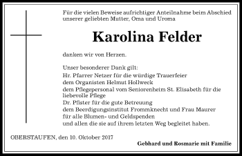 Traueranzeige von Karolina Felder von Allgäuer Anzeigeblatt