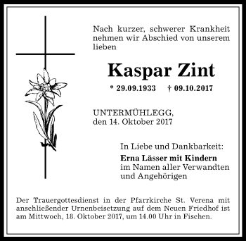 Traueranzeige von Kaspar Zint von Allgäuer Anzeigeblatt