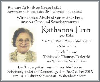 Traueranzeige von Katharina Pumm von Allgäuer Zeitung, Füssen