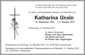 Traueranzeige von Katharina Unsin von Allgäuer Zeitung, Marktoberdorf