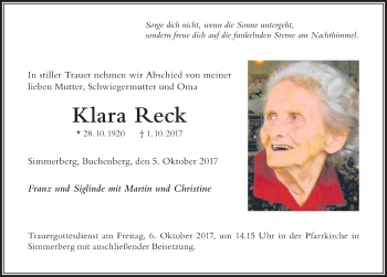 Traueranzeige von Klara Reck von Der Westallgäuer