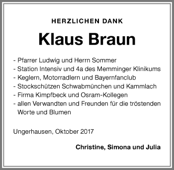 Traueranzeige von Klaus Braun von Allgäuer Zeitung