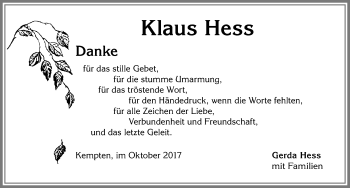 Traueranzeige von Klaus Hess von Allgäuer Zeitung,Kempten
