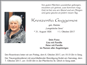 Traueranzeige von Kreszentia Guggemos von Allgäuer Zeitung, Füssen