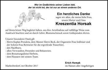 Traueranzeige von Kreszentia Horsak von Allgäuer Zeitung, Marktoberdorf