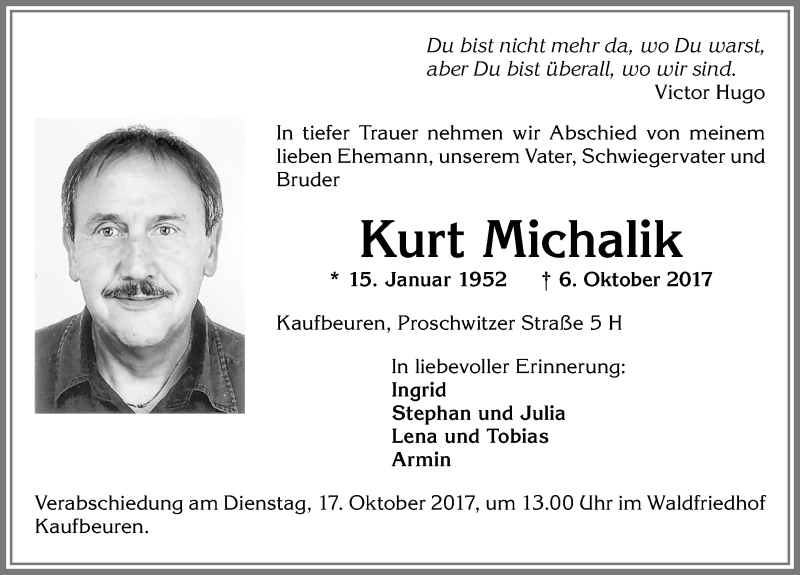  Traueranzeige für Kurt Michalik vom 11.10.2017 aus Allgäuer Zeitung, Kaufbeuren/Buchloe