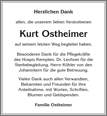 Traueranzeige von Kurt Ostheimer von Allgäuer Zeitung,Kempten