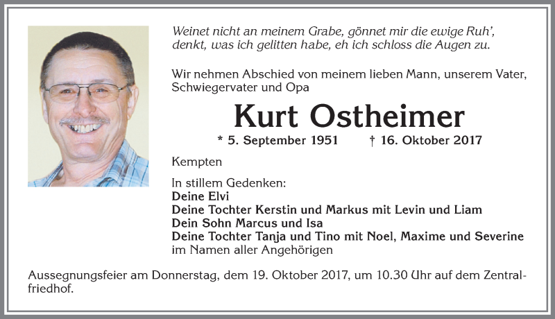  Traueranzeige für Kurt Ostheimer vom 18.10.2017 aus Allgäuer Zeitung,Kempten