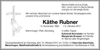 Traueranzeige von Käthe Rubner von Memminger Zeitung
