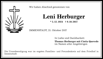 Traueranzeige von Leni Herburger von Allgäuer Anzeigeblatt
