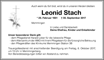 Traueranzeige von Leonid Stach von Memminger Zeitung