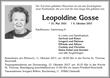 Traueranzeige von Leopoldine Gosse von Allgäuer Zeitung, Kaufbeuren/Buchloe