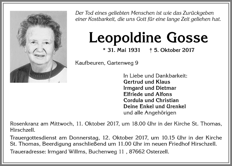  Traueranzeige für Leopoldine Gosse vom 10.10.2017 aus Allgäuer Zeitung, Kaufbeuren/Buchloe