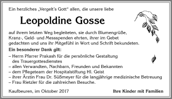 Traueranzeige von Leopoldine Gosse von Allgäuer Zeitung, Kaufbeuren/Buchloe