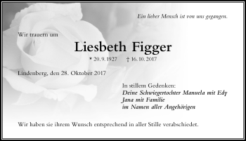 Traueranzeige von Liesbeth Figger von Der Westallgäuer