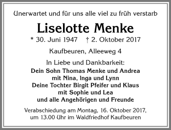 Traueranzeige von Liselotte Menke von Allgäuer Zeitung, Kaufbeuren/Buchloe