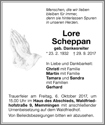 Traueranzeige von Lore Scheppan von Memminger Zeitung