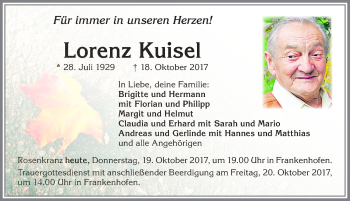 Traueranzeige von Lorenz Kuisel von Allgäuer Zeitung, Kaufbeuren/Buchloe