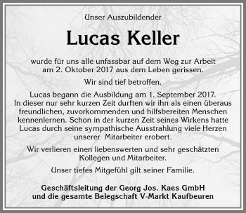 Traueranzeige von Lucas Keller von Allgäuer Zeitung, Kaufbeuren/Buchloe