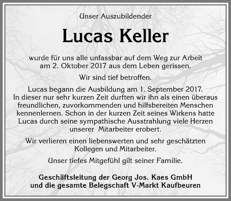  Traueranzeige für Lucas Keller vom 26.10.2017 aus Allgäuer Zeitung, Kaufbeuren/Buchloe
