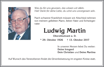 Traueranzeige von Ludwig Martin von Allgäuer Zeitung,Kempten